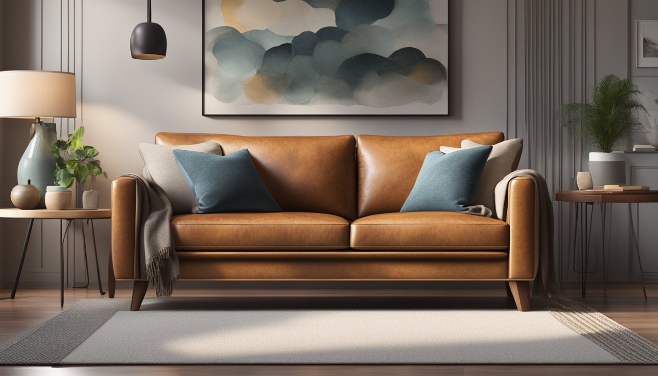 A 3-seater leather sofa sits in a well-lit living room, with throw pillows and a cozy blanket draped over the armrest