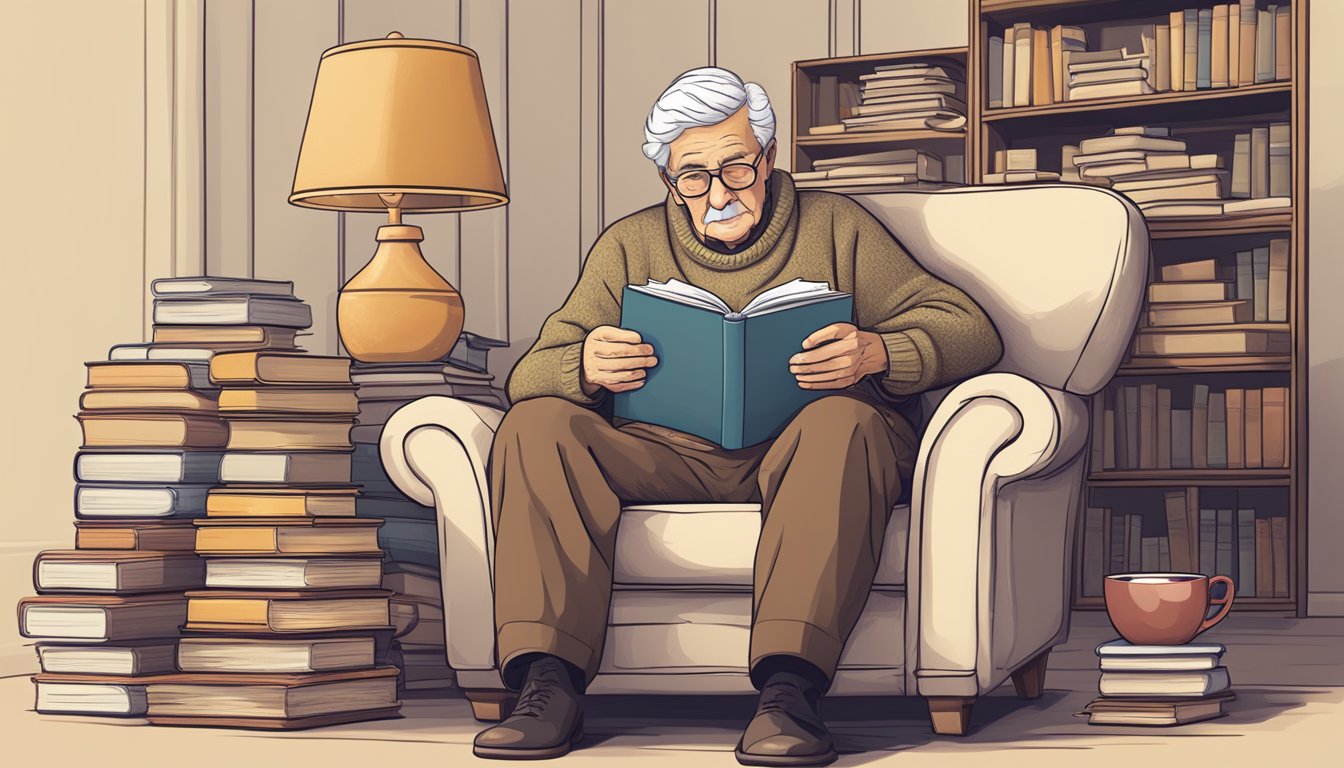 An elderly person sitting comfortably in a plush armchair, surrounded by a stack of FAQ books and a warm cup of tea