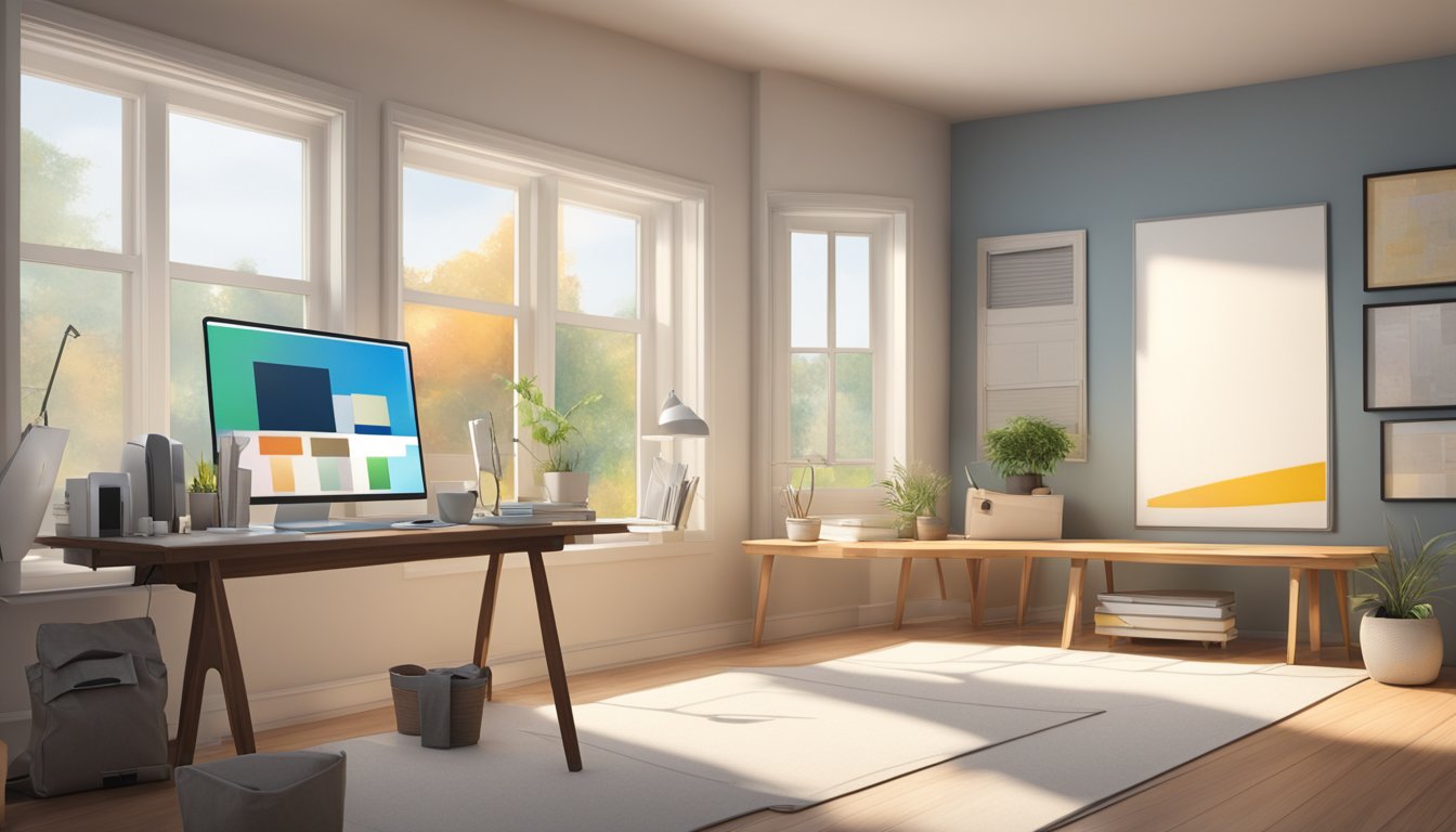 A room with a blank canvas on the wall, a table with design swatches, and a computer with design software open. A window lets in natural light, illuminating the space