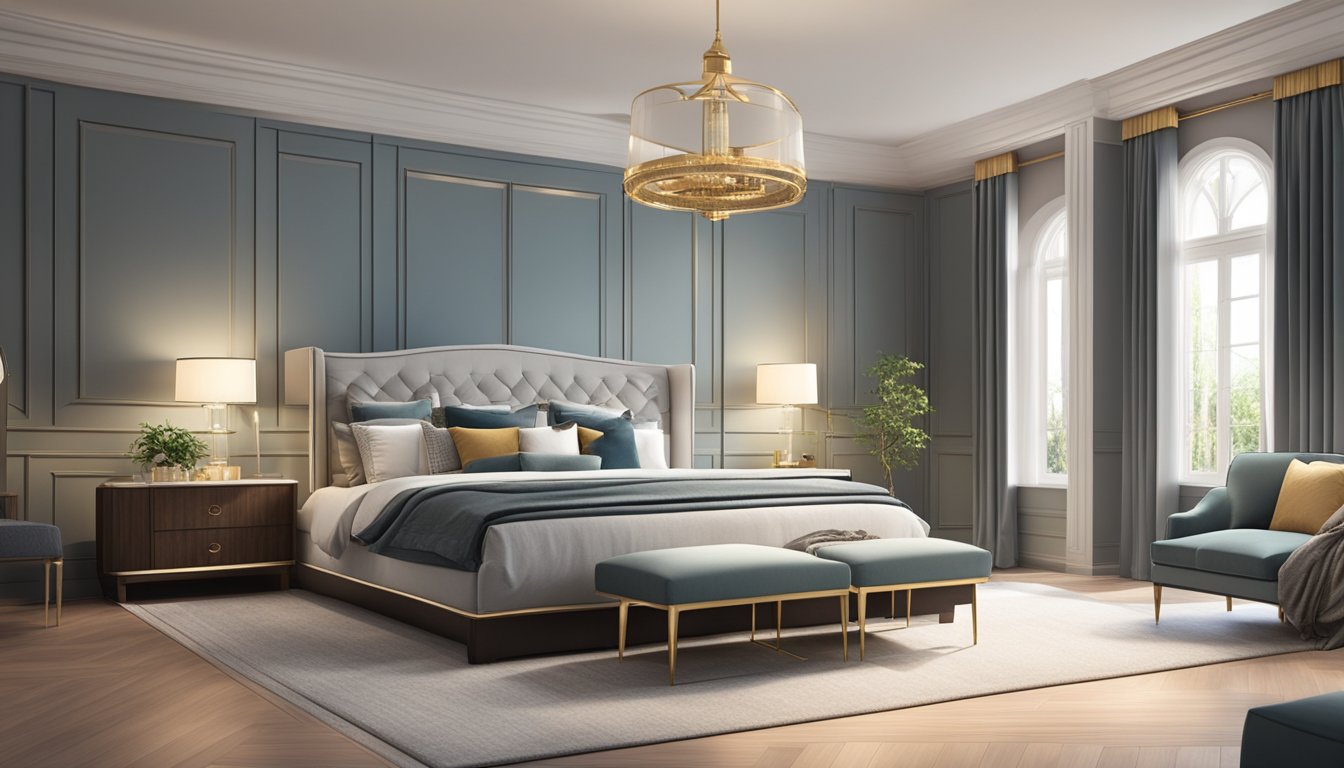 A spacious bedroom with a luxurious king bed as the centerpiece, surrounded by elegant furniture and soft lighting