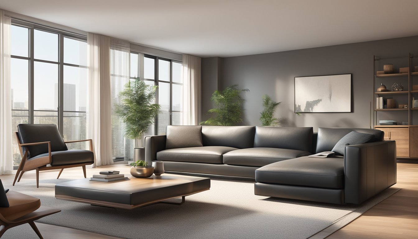 A sleek, modern 3-seater leather sofa sits in a well-lit living room, with clean lines and minimalistic design