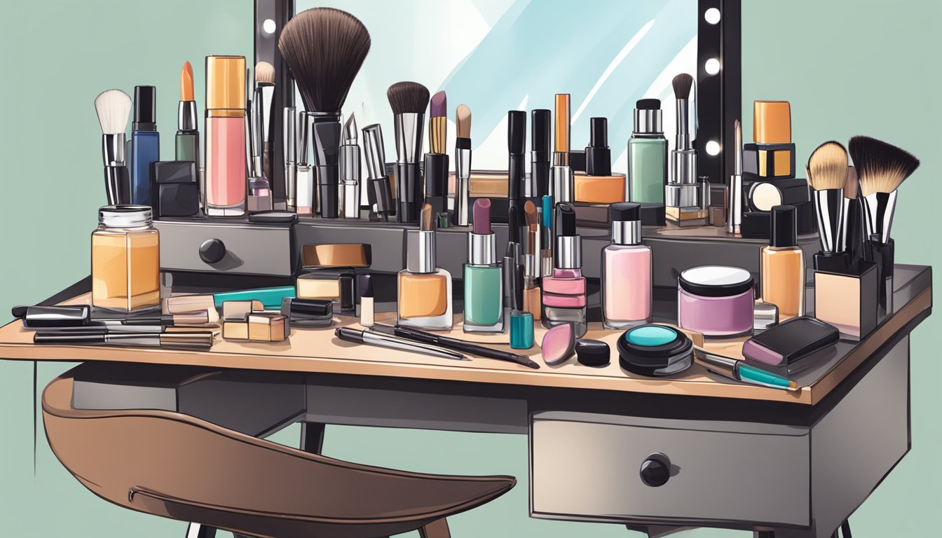 A cluttered makeup table with various products and tools scattered across the surface, a mirror reflecting the array of items, and a chair pulled up to the table