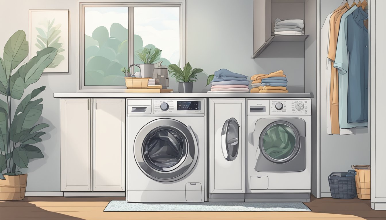 A front load washing machine in a modern Singaporean home, with a stack of neatly folded laundry nearby