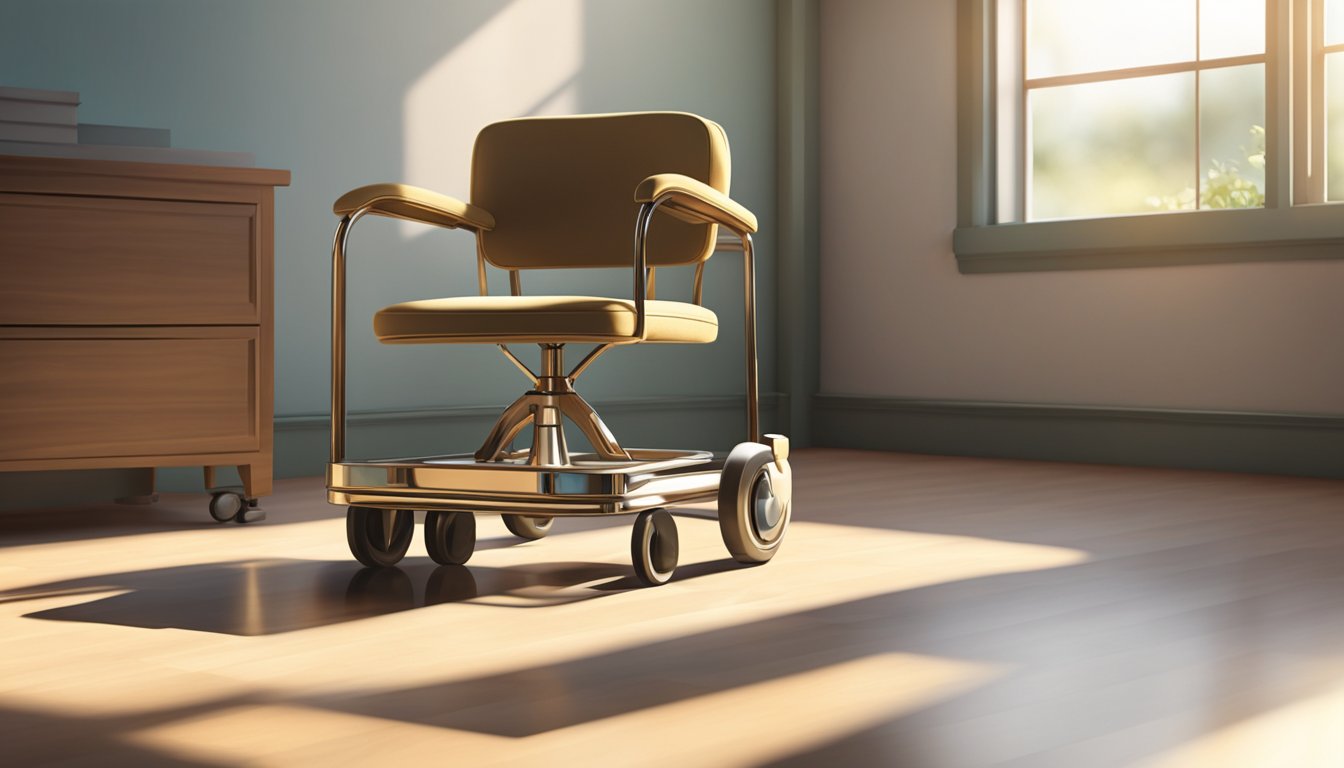 A rolling chair sits empty in a sunlit room, its wheels casting shadows on the polished floor