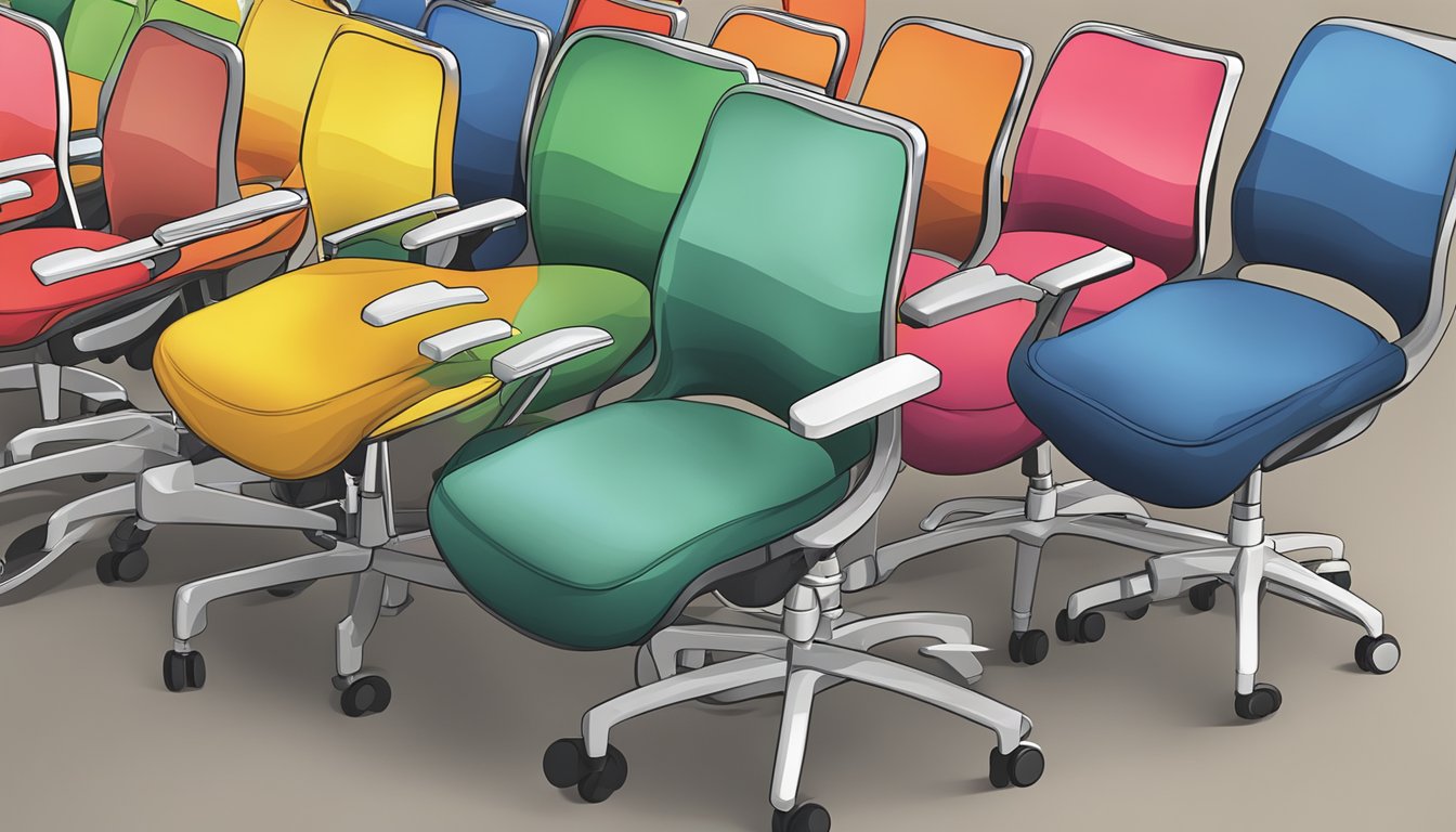 A person's hand reaches to select a rolling chair from a row of options