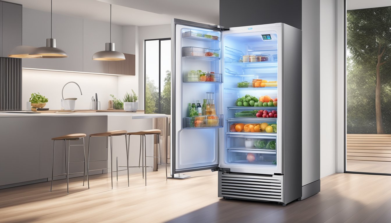 A hand opens the sleek Midea fridge, revealing adjustable shelves and a digital temperature display. LED lighting illuminates the spacious interior