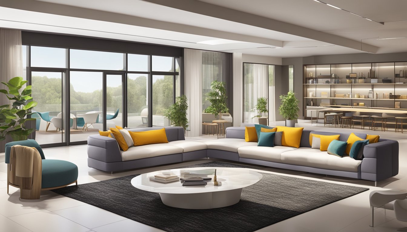 A spacious, well-lit showroom filled with modern and luxurious furniture displays. Bright colors and sleek designs create an inviting atmosphere for customers to explore