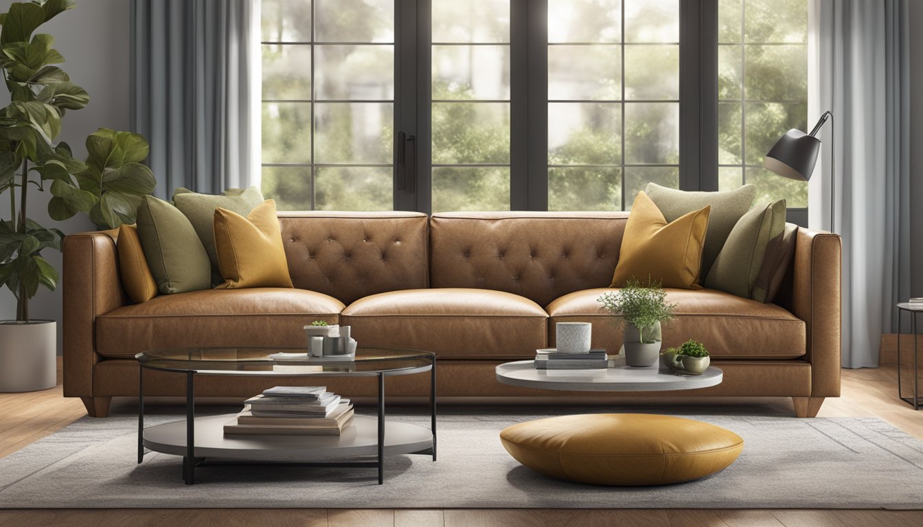 A 3-seater leather sofa with "Frequently Asked Questions" printed on the backrest, surrounded by a cozy living room setting