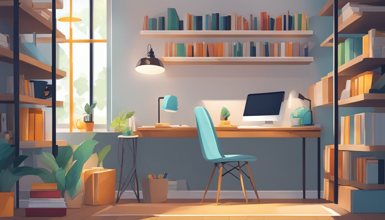 A bright, modern study desk sits in a tidy room, surrounded by shelves of books and a cozy reading nook. The desk is clutter-free, with a sleek lamp and a few decorative items