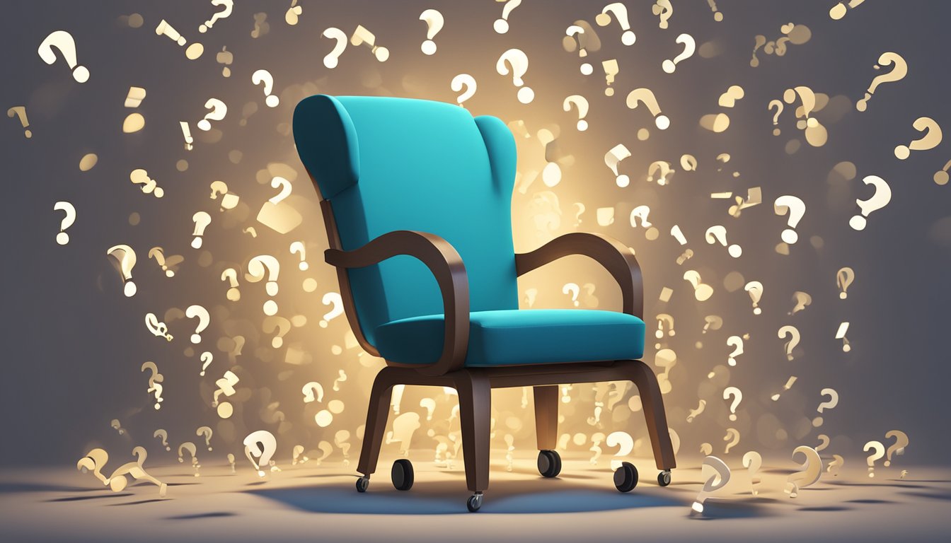 A rolling chair surrounded by question marks, with a spotlight shining down on it