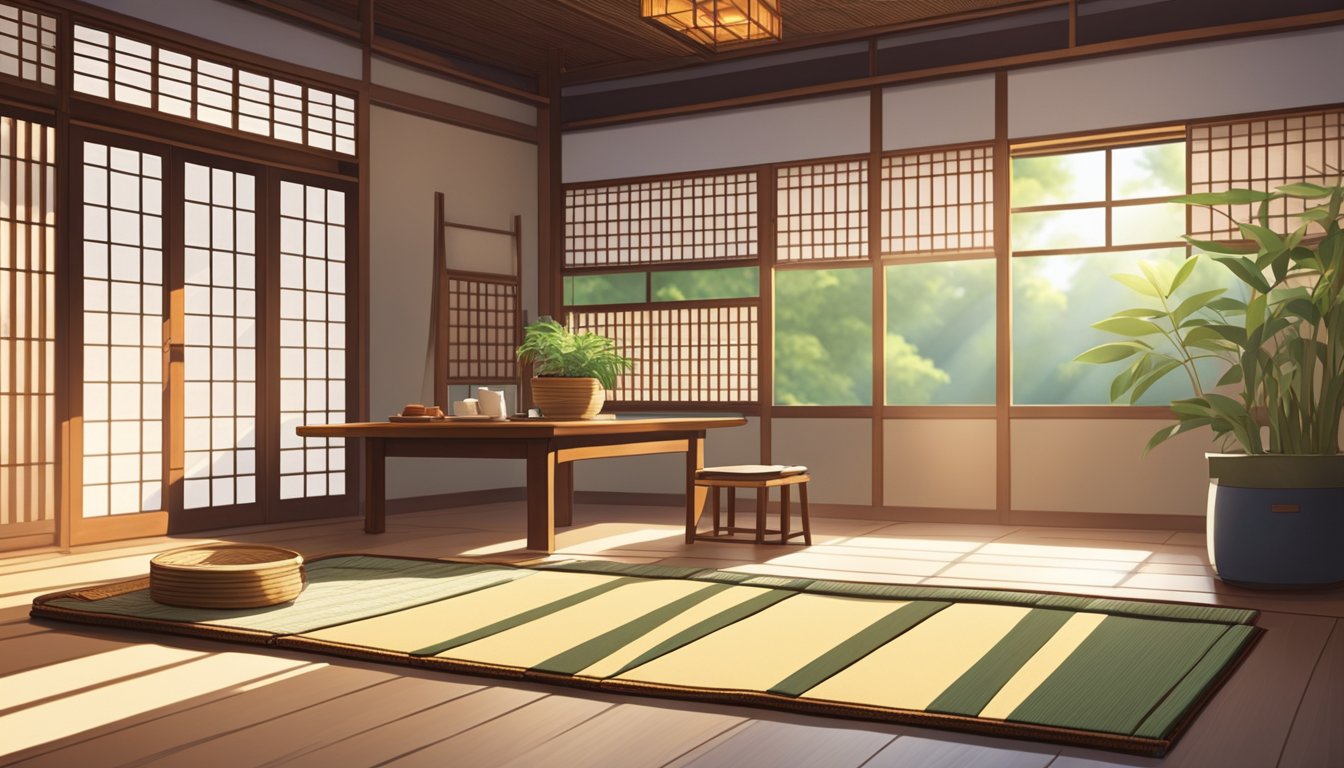 A tatami shop with neatly stacked mats, bamboo blinds, and traditional decor. Sunlight filters through the windows, casting soft shadows on the floor