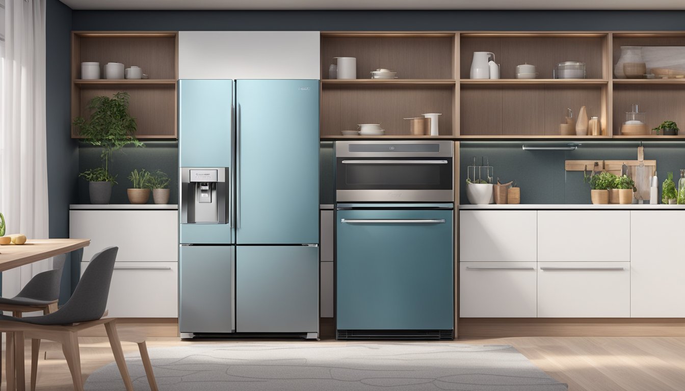 A Midea fridge stands in a modern kitchen, surrounded by sleek appliances and minimalist decor. The fridge door is open, revealing neatly organized shelves and compartments