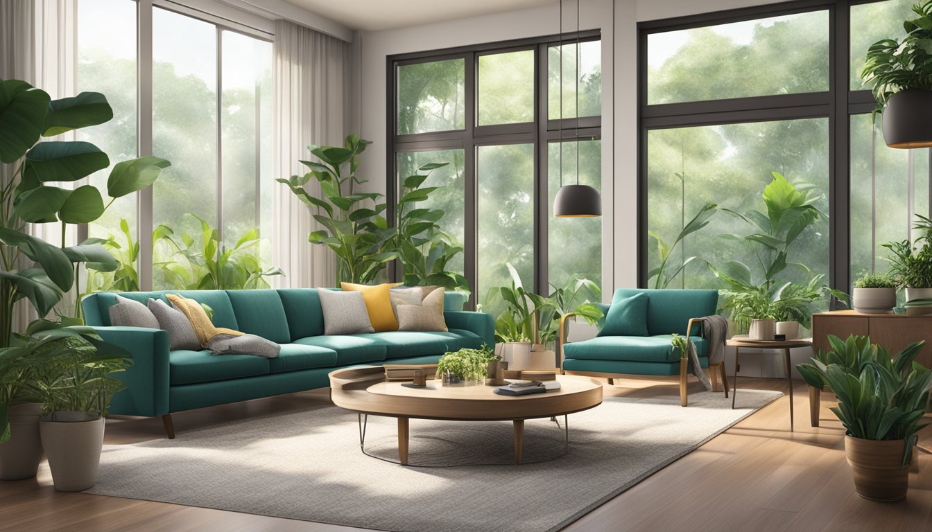 A cozy living room with a modern couch in Singapore, surrounded by lush green plants and natural light streaming in through large windows