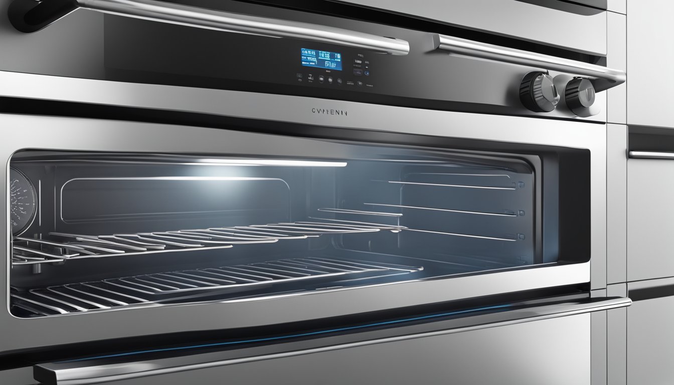 A hand reaches for the sleek, modern steam oven control panel, adjusting settings with ease. The oven's interior is illuminated, showcasing its spacious and efficient design