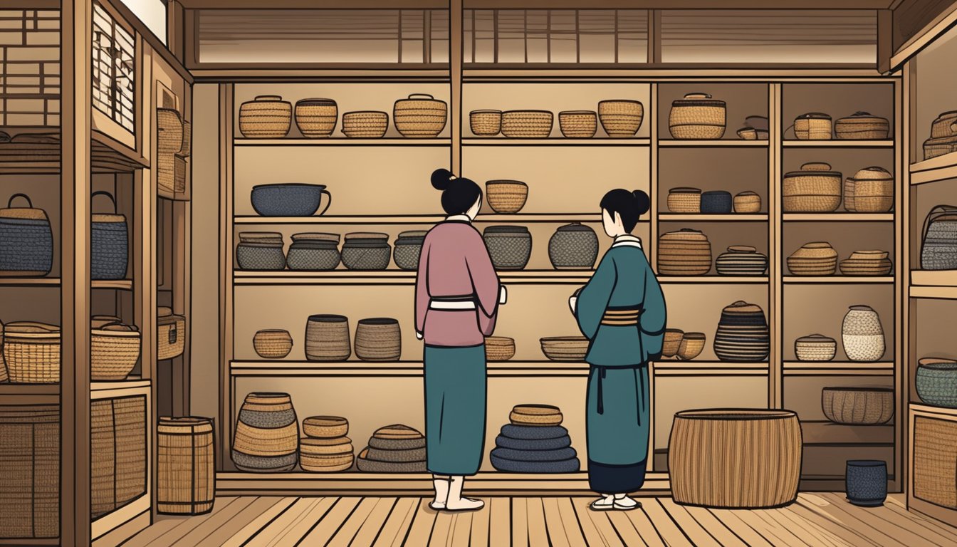Customers browsing through a variety of traditional tatami mats, cushions, and other Japanese home decor items displayed on wooden shelves and woven baskets in a cozy and inviting tatami shop