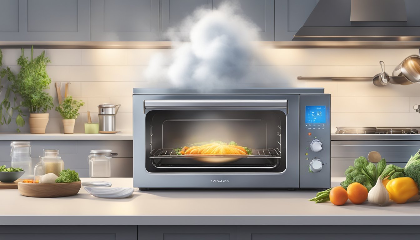 A steam oven sits on a sleek kitchen countertop, emitting a gentle cloud of steam as it cooks a variety of vibrant, healthy ingredients