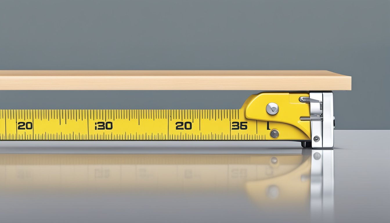 A tape measure extends from the ground to a table, measuring its height. A level sits on the tabletop, ensuring it's perfectly even