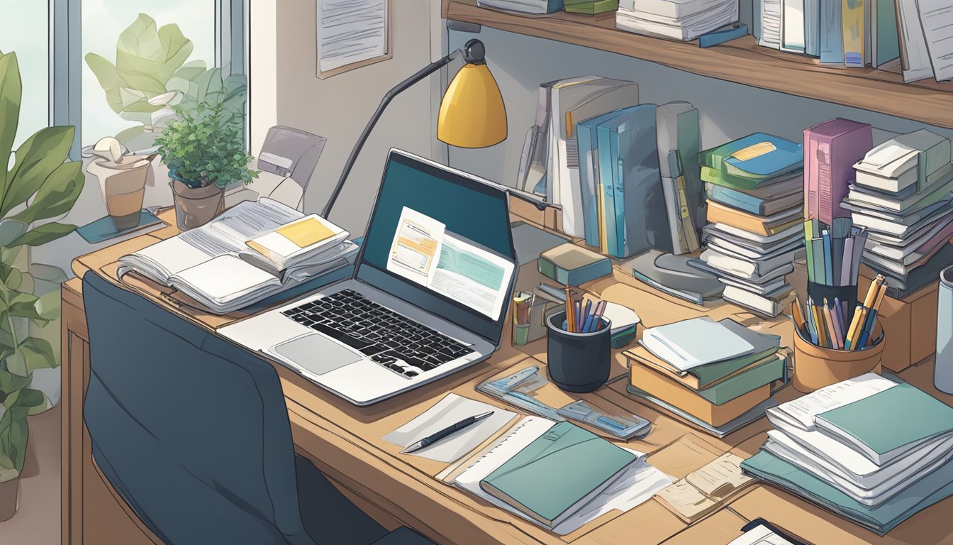 A cluttered study desk in Singapore with a laptop, textbooks, and stationery. A "Frequently Asked Questions" poster hangs on the wall