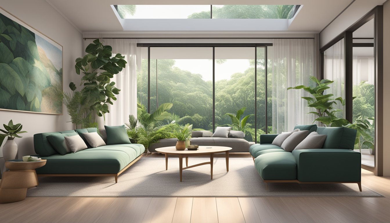 A cozy living room with a modern, comfortable couch in a Singapore home, surrounded by lush green plants and natural light