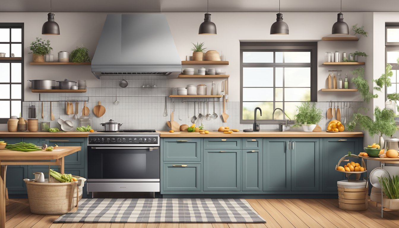 A modern kitchen with a sleek steam oven, surrounded by various cooking ingredients and utensils