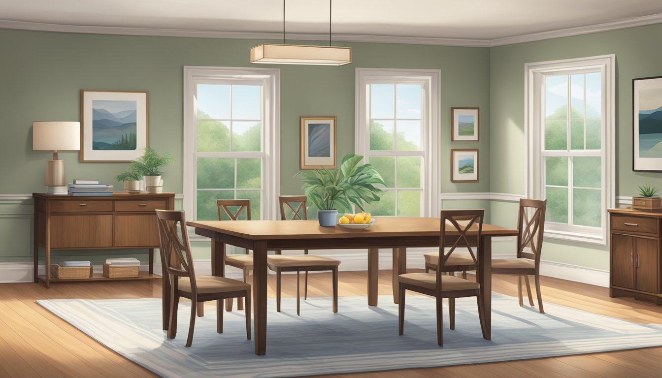 A rectangular table, 3 feet high and 5 feet long, sits in the center of a spacious, well-lit room with hardwood floors and a large window