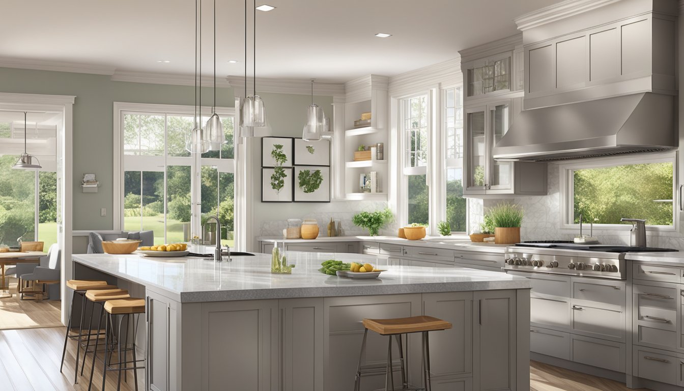 A spacious open kitchen with modern appliances and a large island. Bright natural light floods the room from the windows, casting a warm glow over the sleek countertops and stainless steel fixtures