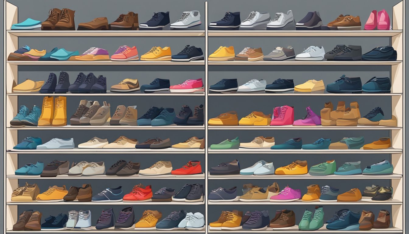 A shoe shelf filled with neatly arranged pairs of shoes, varying in styles and colors, with some shoes placed in boxes and others on display