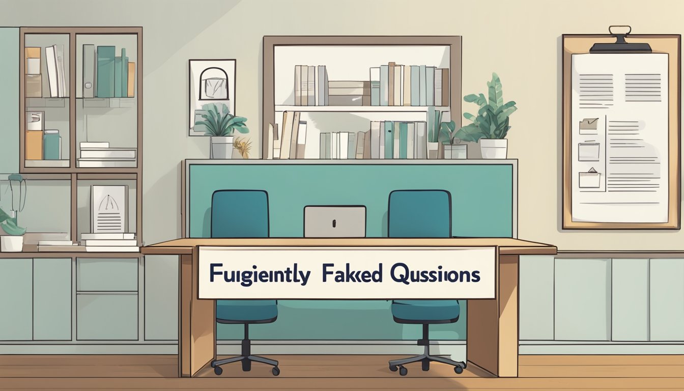 A table at waist height with a sign reading "Frequently Asked Questions" on top