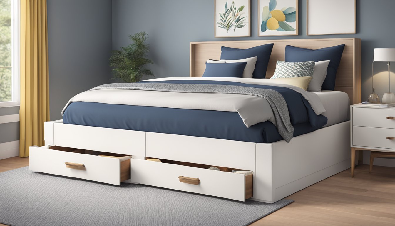 A neatly made super single storage bed with a sleek headboard, clean sheets, and a few decorative pillows. Underneath, there are spacious drawers for organization