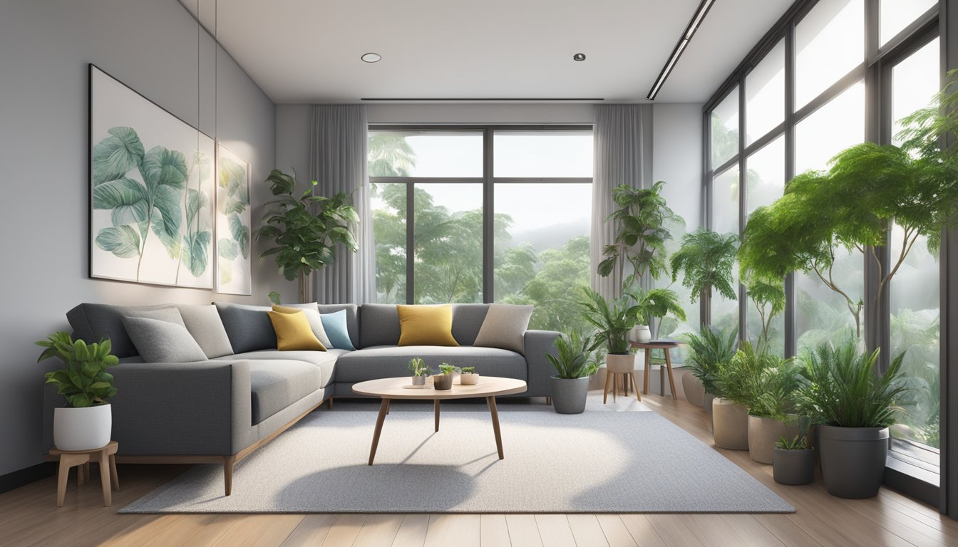 A modern, cozy living room with a sleek, grey couch in Singapore, surrounded by plants and natural light