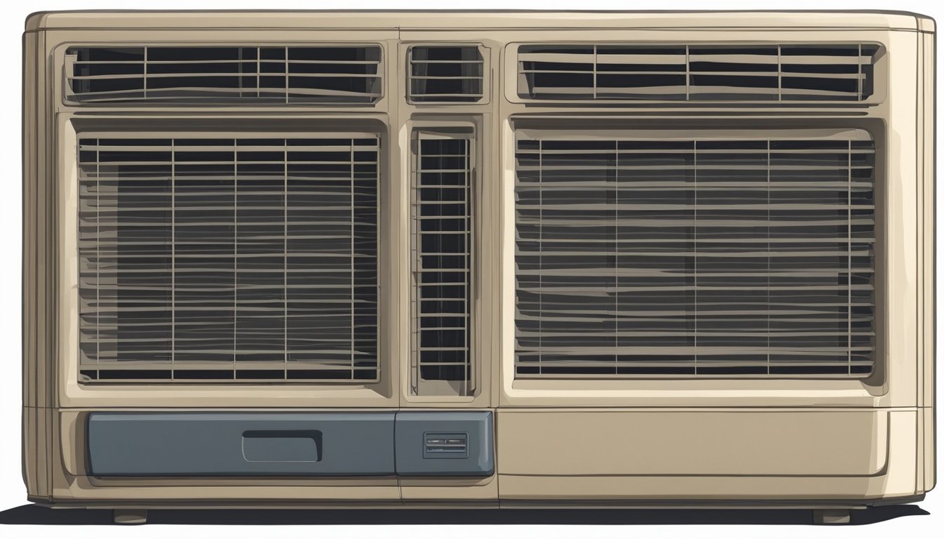 A window aircon unit hums quietly, cool air wafting out into the room. The plastic casing is slightly yellowed with age, and the metal fins on the front are covered in a thin layer of dust