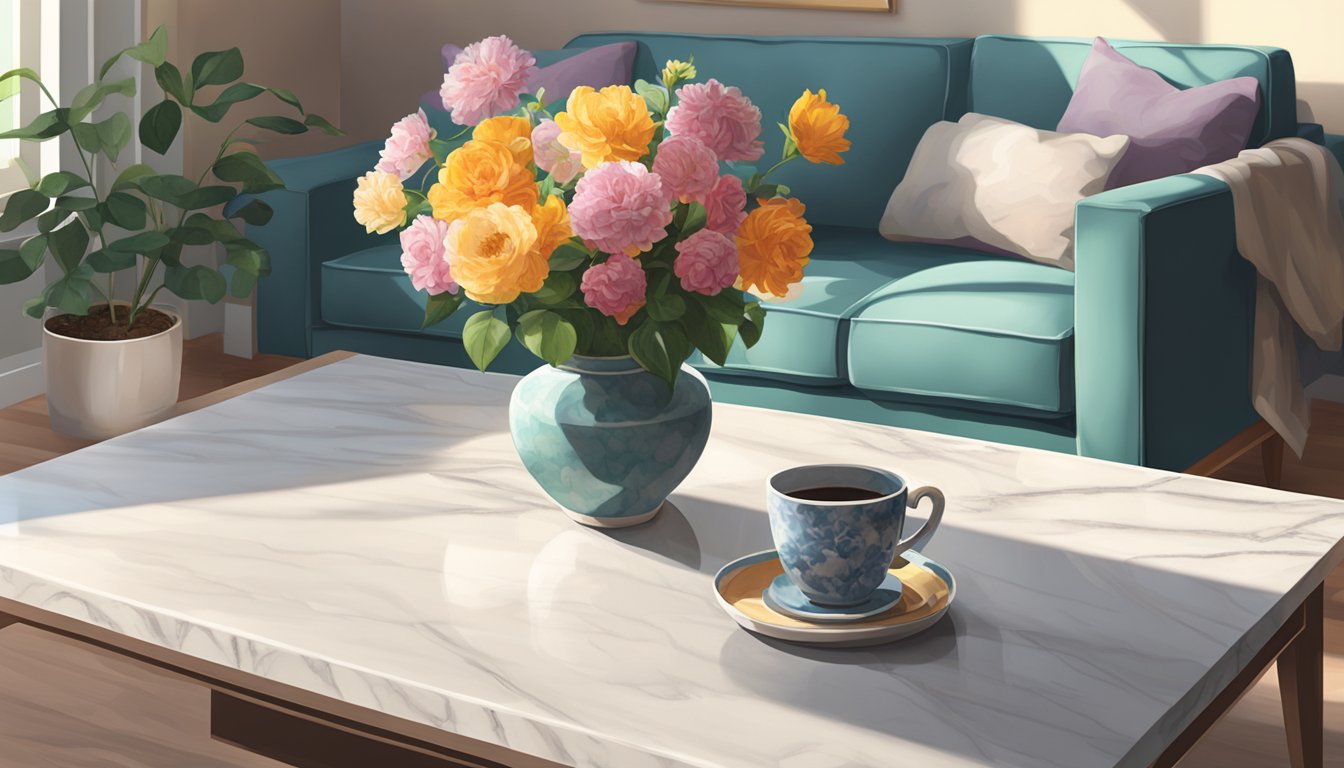 A marble coffee table sits in a sunlit room, adorned with a single vase of flowers