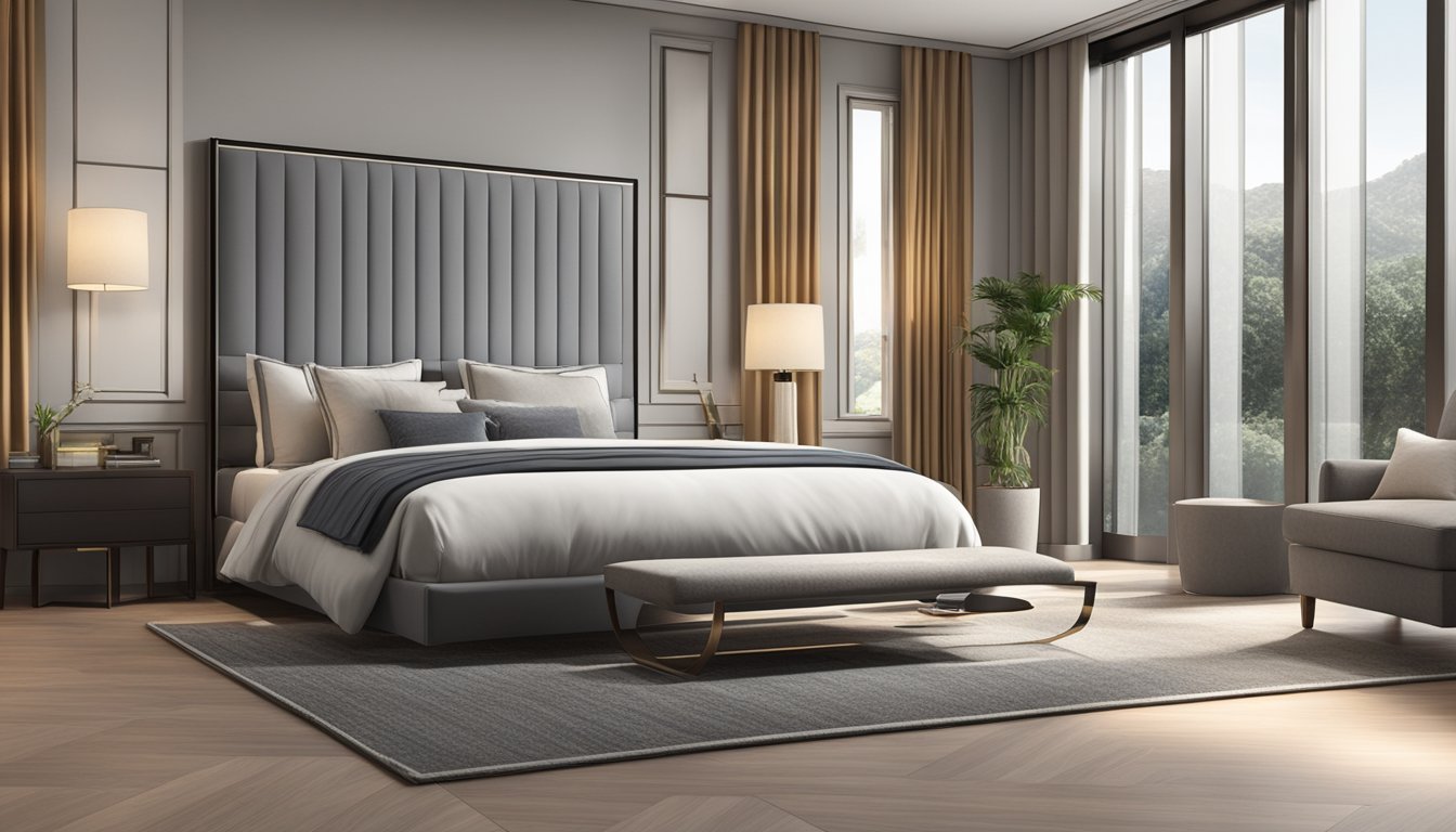 A spacious bedroom with a king size bed frame, large enough to accommodate two adults comfortably. The bed frame has sleek and modern dimensions, adding a touch of elegance to the room