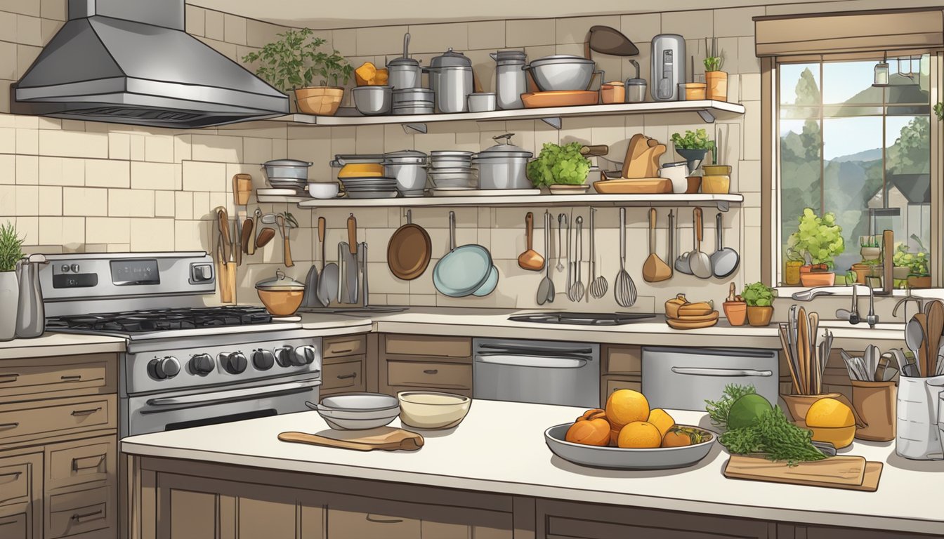 An open kitchen with labeled "Frequently Asked Questions" on a wall. Various cooking utensils and ingredients are neatly organized on the counter