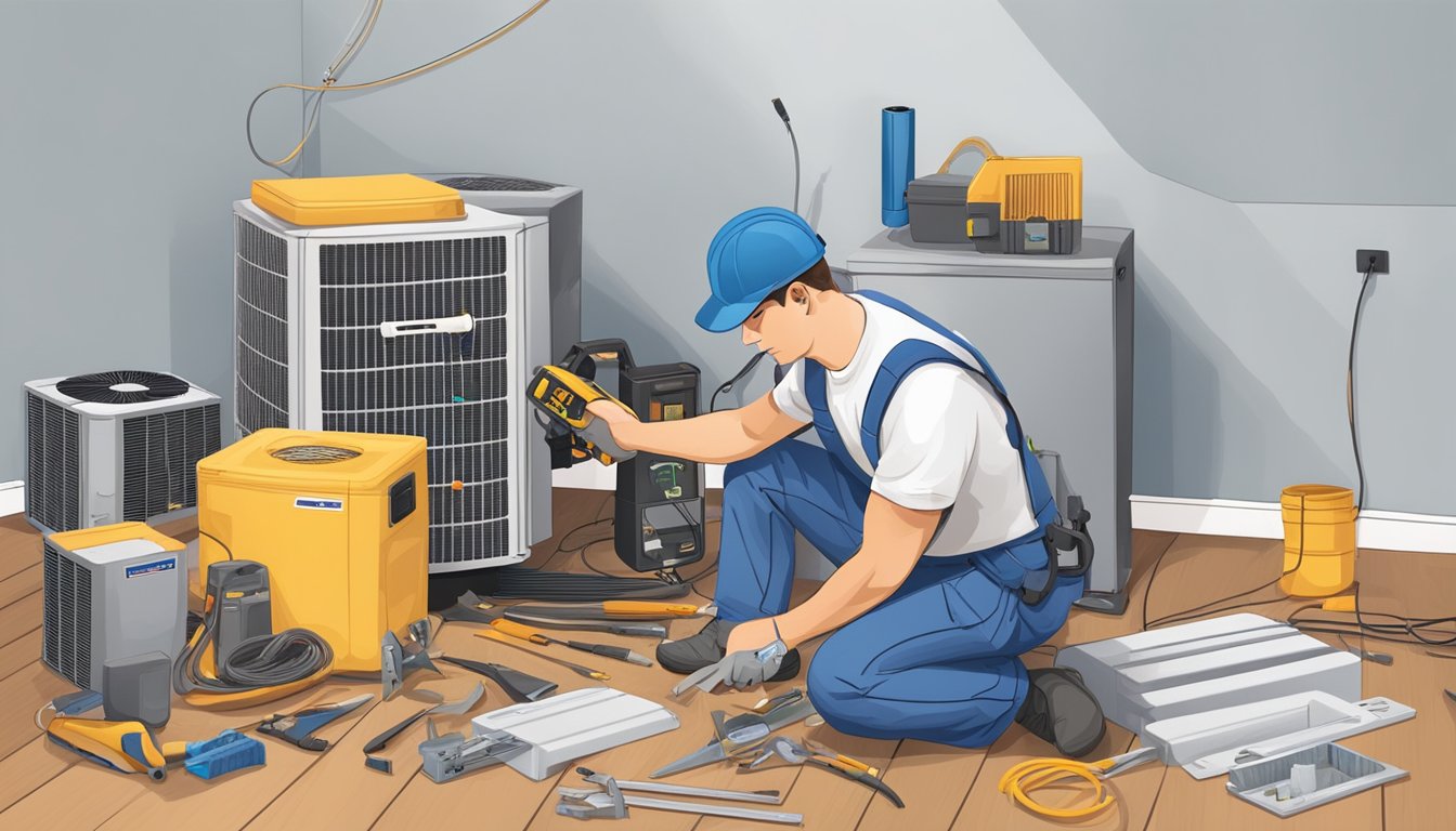 A technician installs a split AC unit, tools and materials scattered around