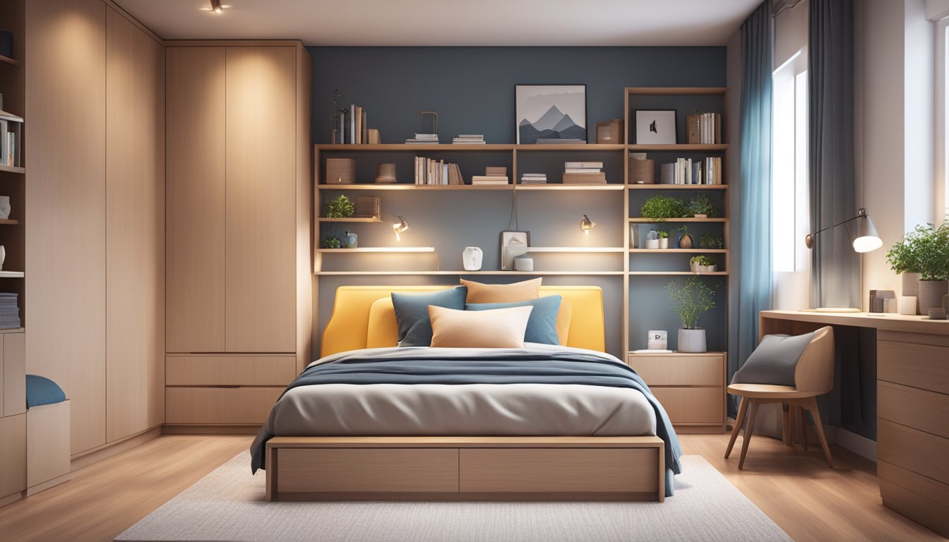 A spacious bedroom with a sleek super single storage bed, surrounded by shelves and drawers, with a cozy rug and soft lighting
