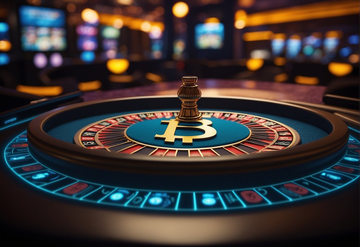 A digital casino table with a large Bitcoin logo in the center, surrounded by virtual chips and cards, with a real-time ticker displaying Bitcoin prices