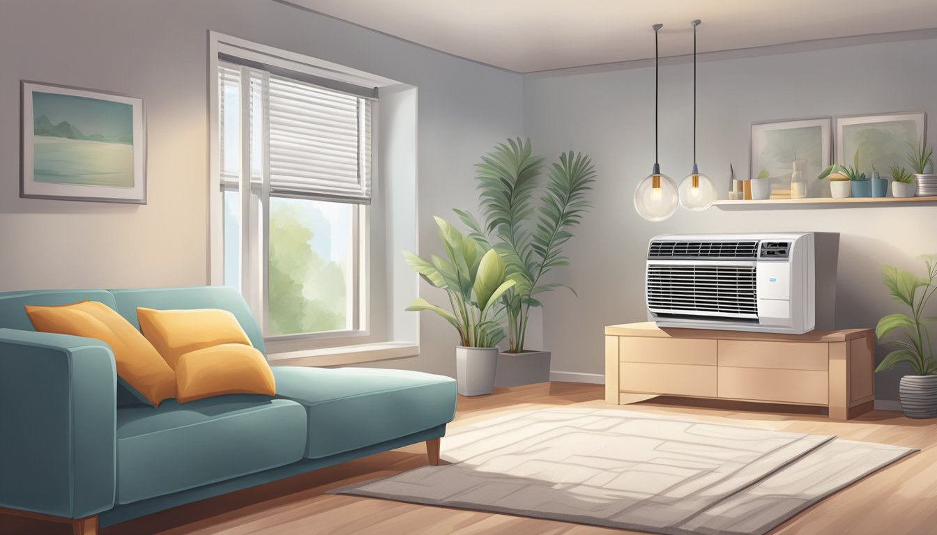 A window aircon unit sits in a cozy room, emitting cool air and adding to the comfort and convenience of the space