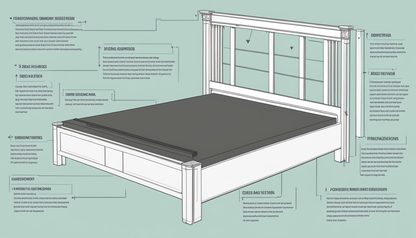 A king size bed frame with dimensions labeled, surrounded by a list of frequently asked questions