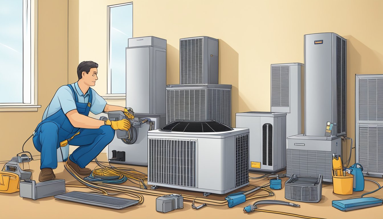 A technician installs a split AC unit, tools and equipment scattered around, maximizing value and efficiency