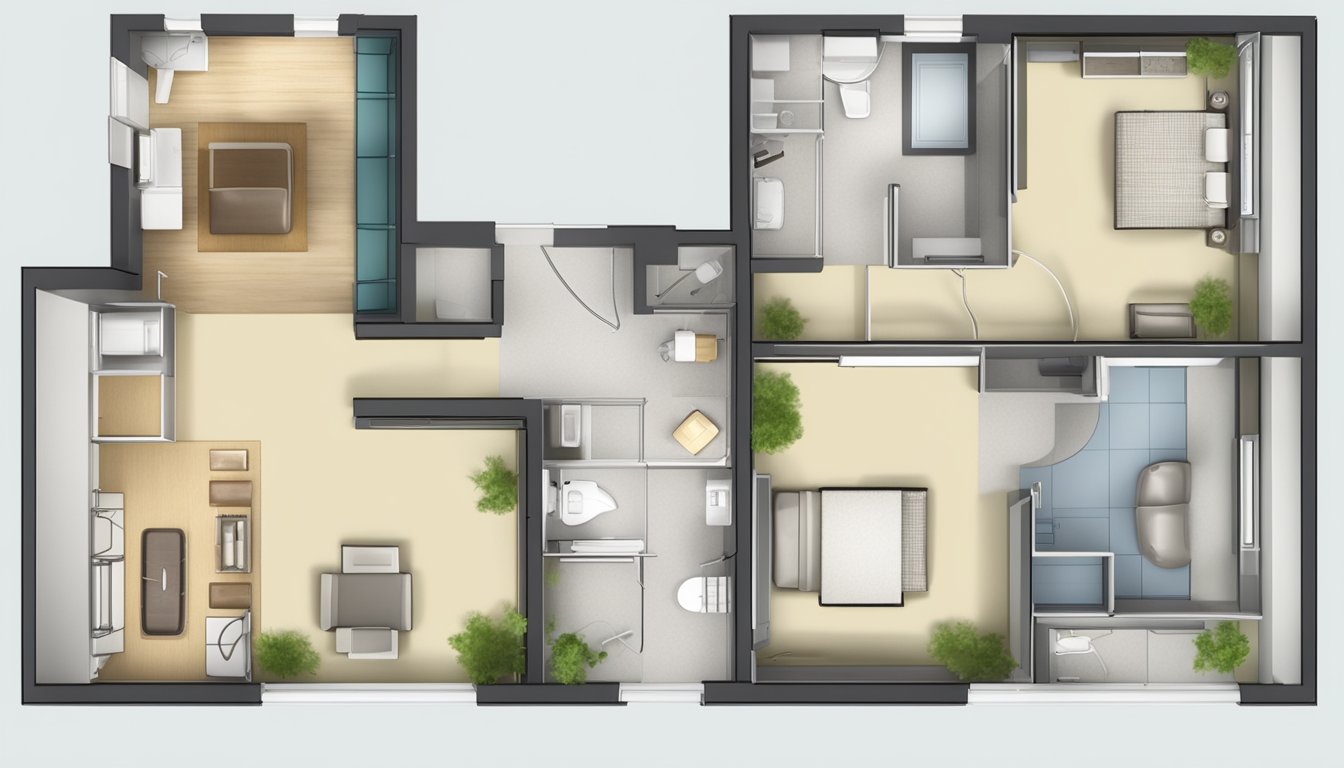 A simple 2-room HDB floor plan with a living area, kitchen, bedroom, and bathroom