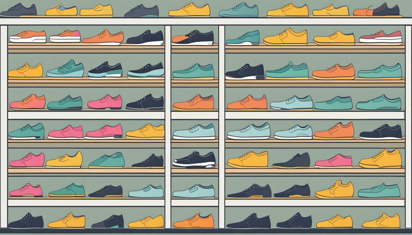 A neatly organized shoe shelf with various pairs of shoes displayed in rows and labeled sections for easy access