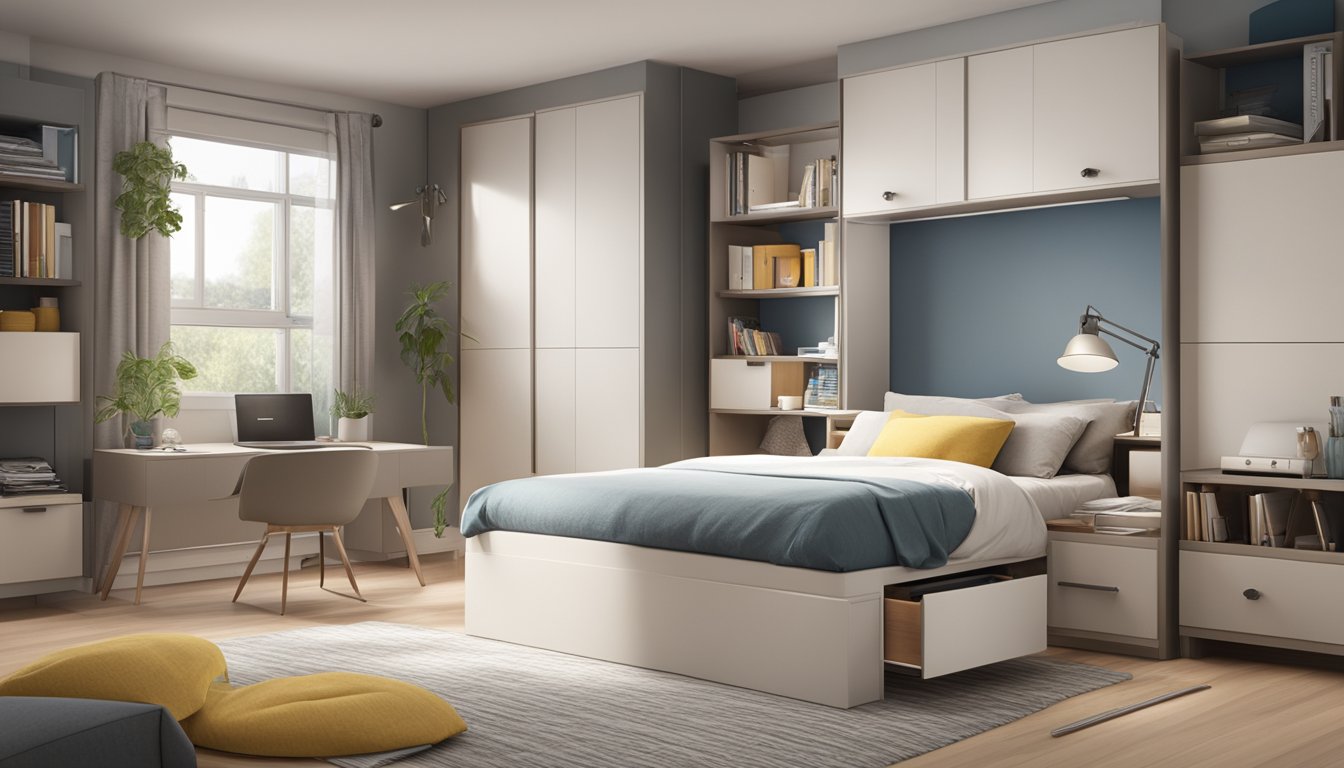 A neatly organized bedroom with a modern super single storage bed as the focal point. The bed is sleek and functional, with built-in drawers and compartments for storage