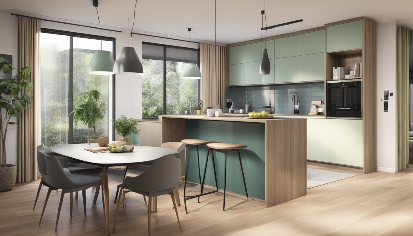 An open living area connects to a compact kitchen. The bedroom features a large window and a built-in wardrobe