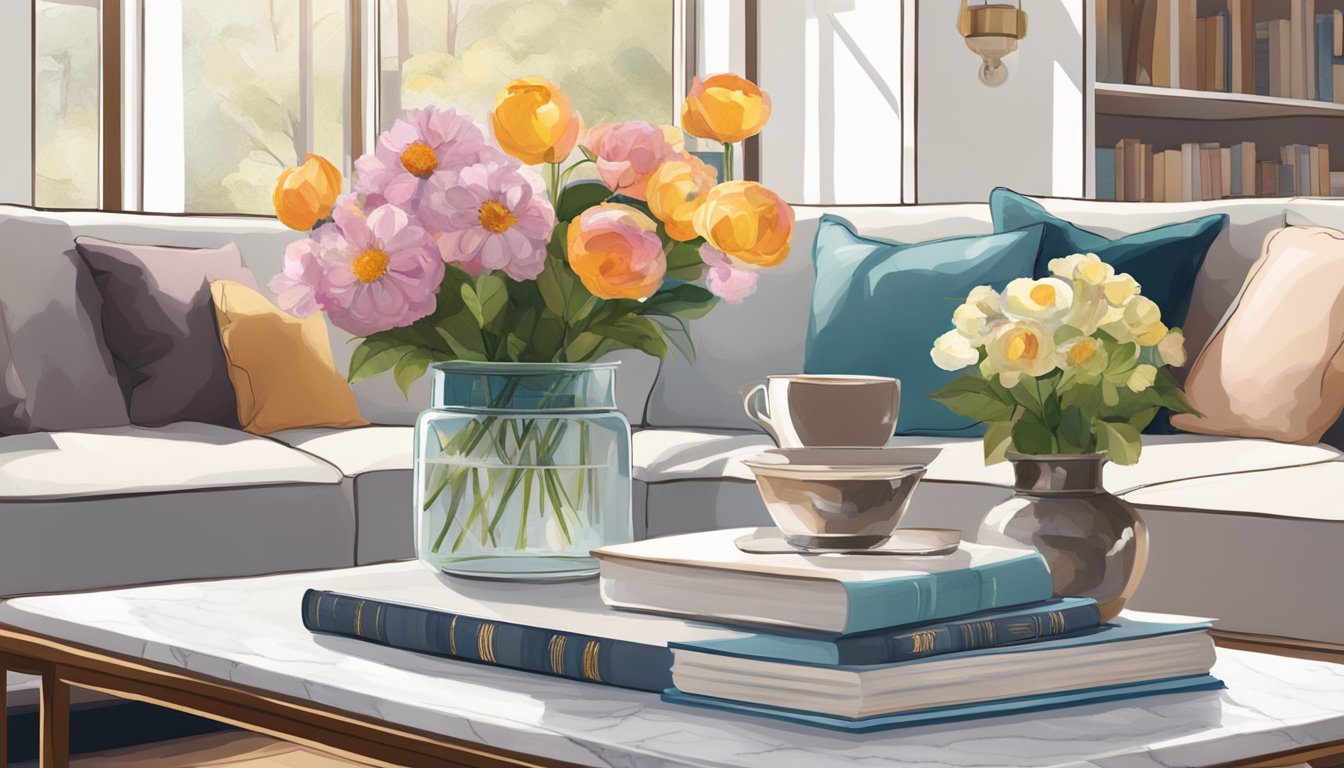 A marble coffee table sits in a well-lit living room, adorned with a stack of books and a vase of fresh flowers