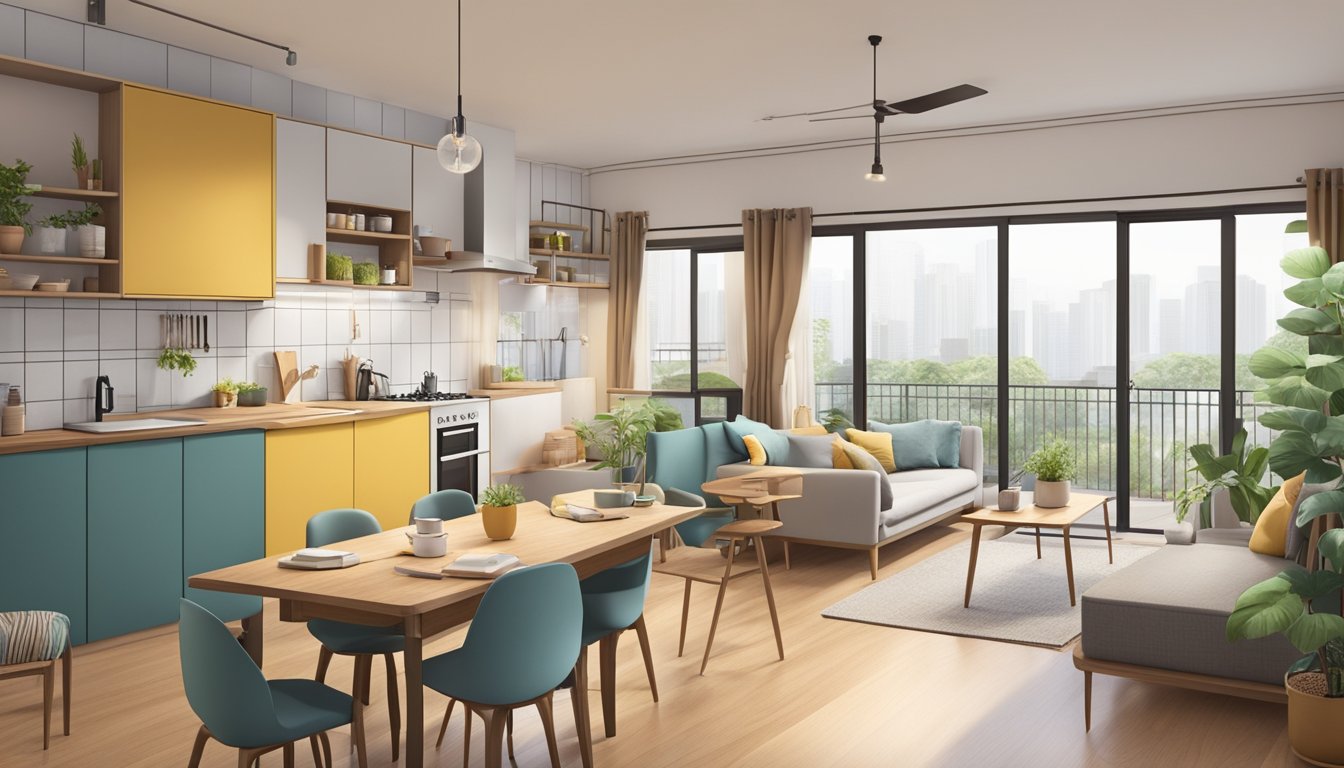 A cozy 2-room HDB with simple furnishings, a compact kitchen, and a small living space. Outside, a bustling community with neighbors chatting and children playing