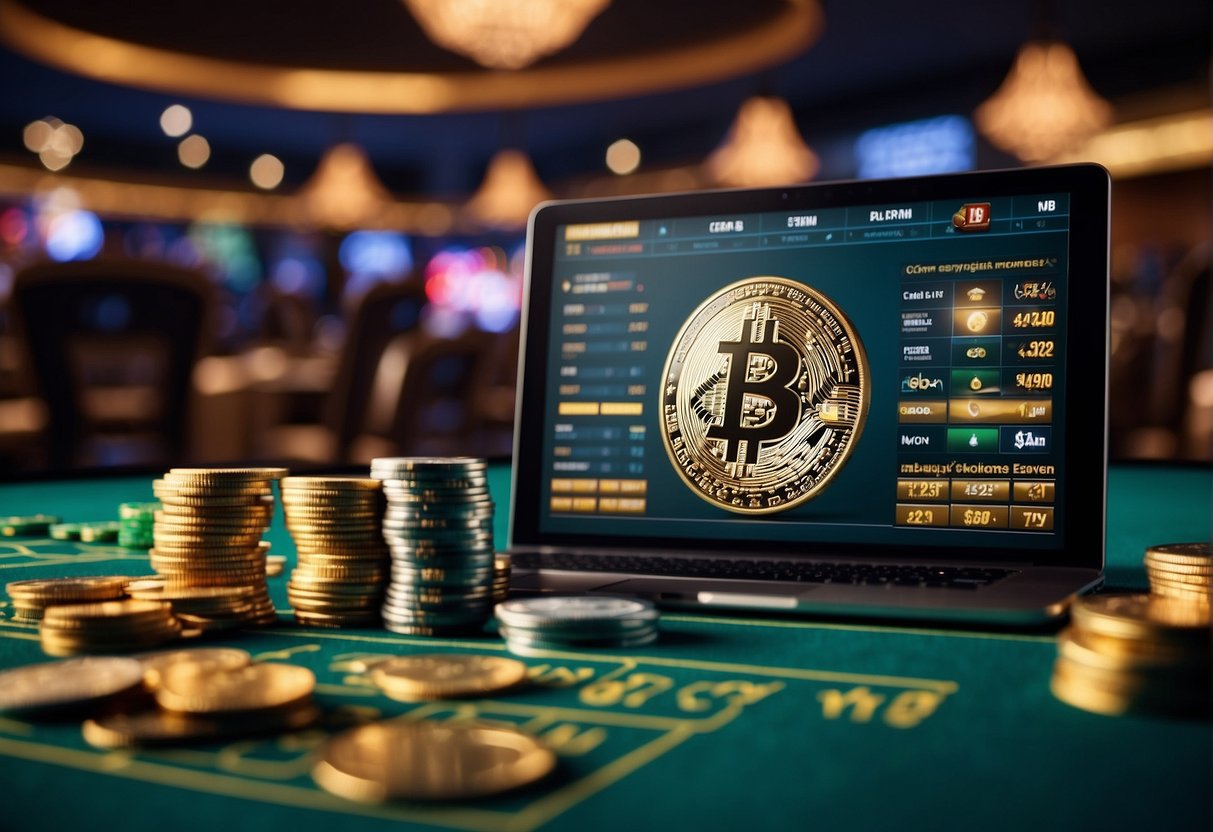 A digital casino scene with Bitcoin logos, live dealers, and virtual tables