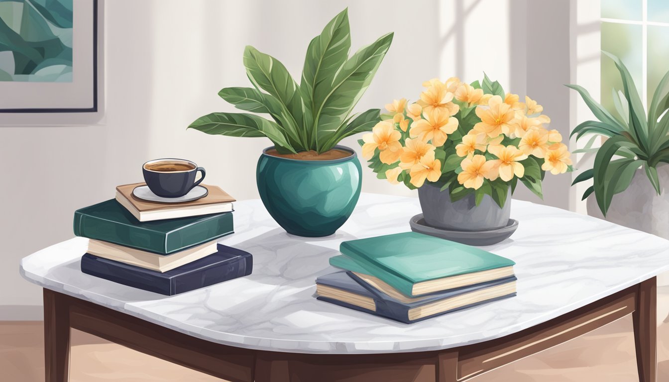 A marble coffee table with a stack of books, a potted plant, and a decorative tray with coasters and a vase of flowers