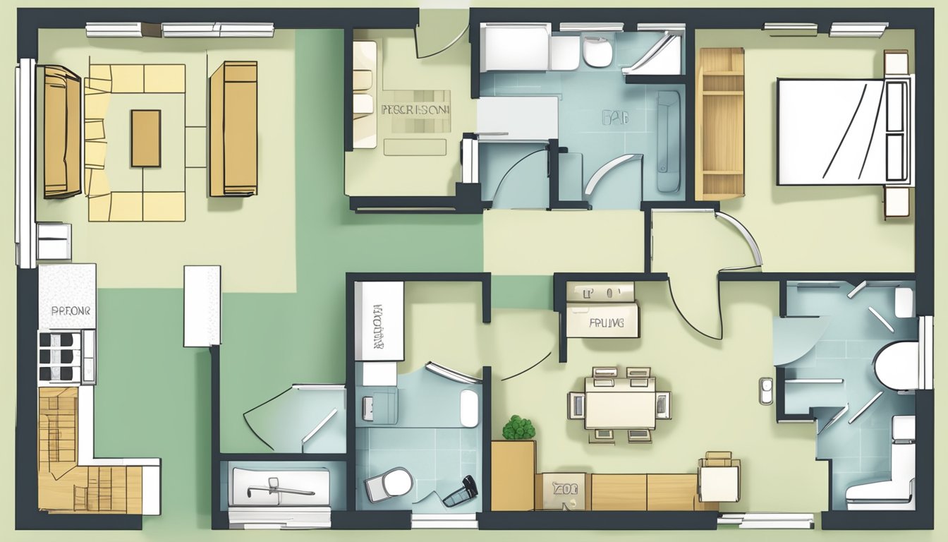 A simple 2-room HDB floor plan with labeled rooms, dimensions, and furniture layout