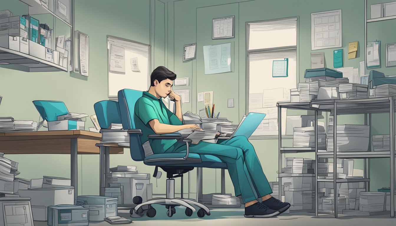 A person sits alone, surrounded by medical equipment and paperwork, looking overwhelmed and anxious